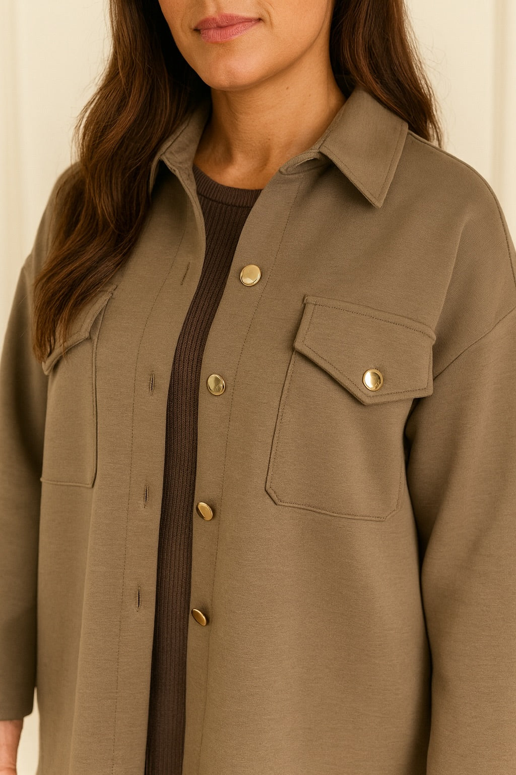 Premium Stitch Gold Button Double Pocket Verona Shacket - Mocha