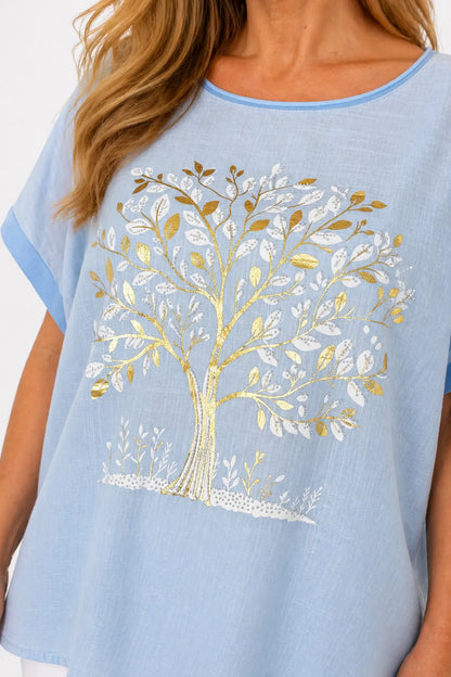 Linen Cotton Mix Diamanté Golden Leaf Carletta Top - Light Denim