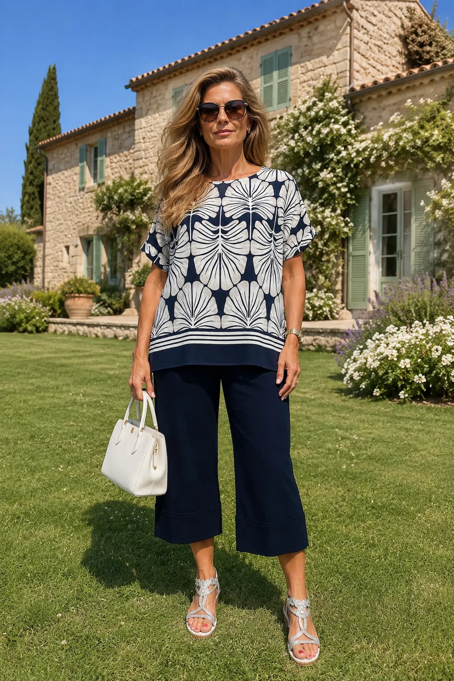 Sara Tropical Print Top - Navy