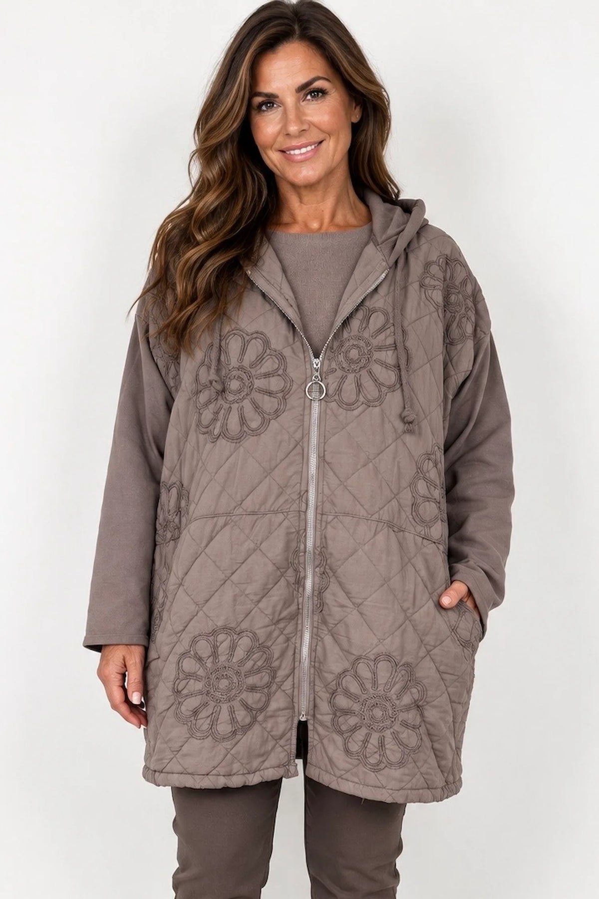 Embroidered Floral Quilted Cotton Hooded Zip Kala Coat – Mocha