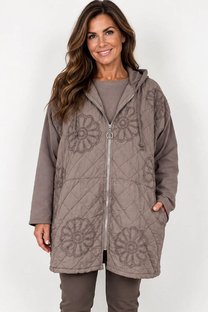 Embroidered Floral Quilted Cotton Hooded Zip Kala Coat – Mocha