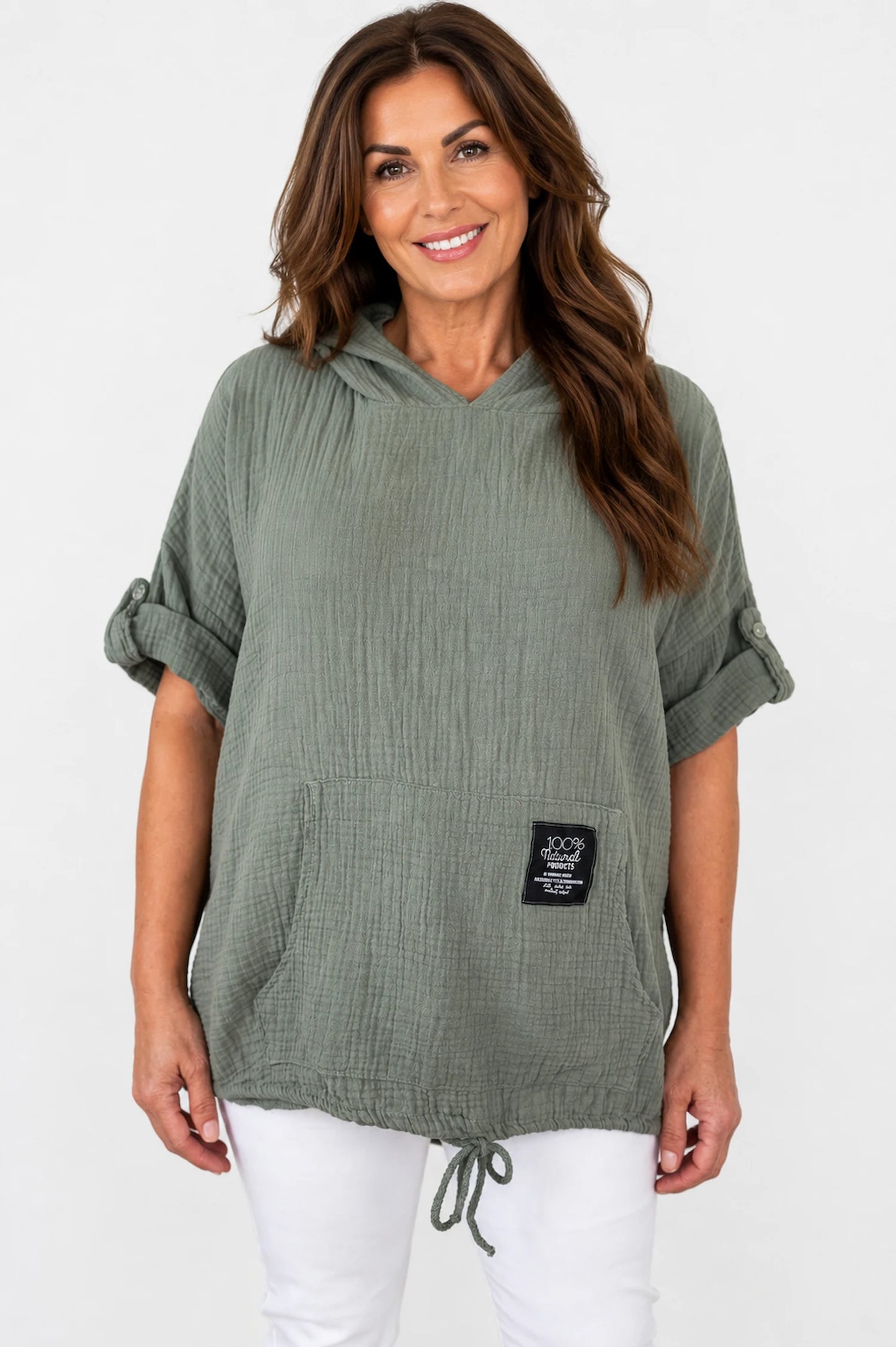 Pure Bubble Cotton Button Sleeve Badge Detail Pocketed Zara Hoodie - Khaki