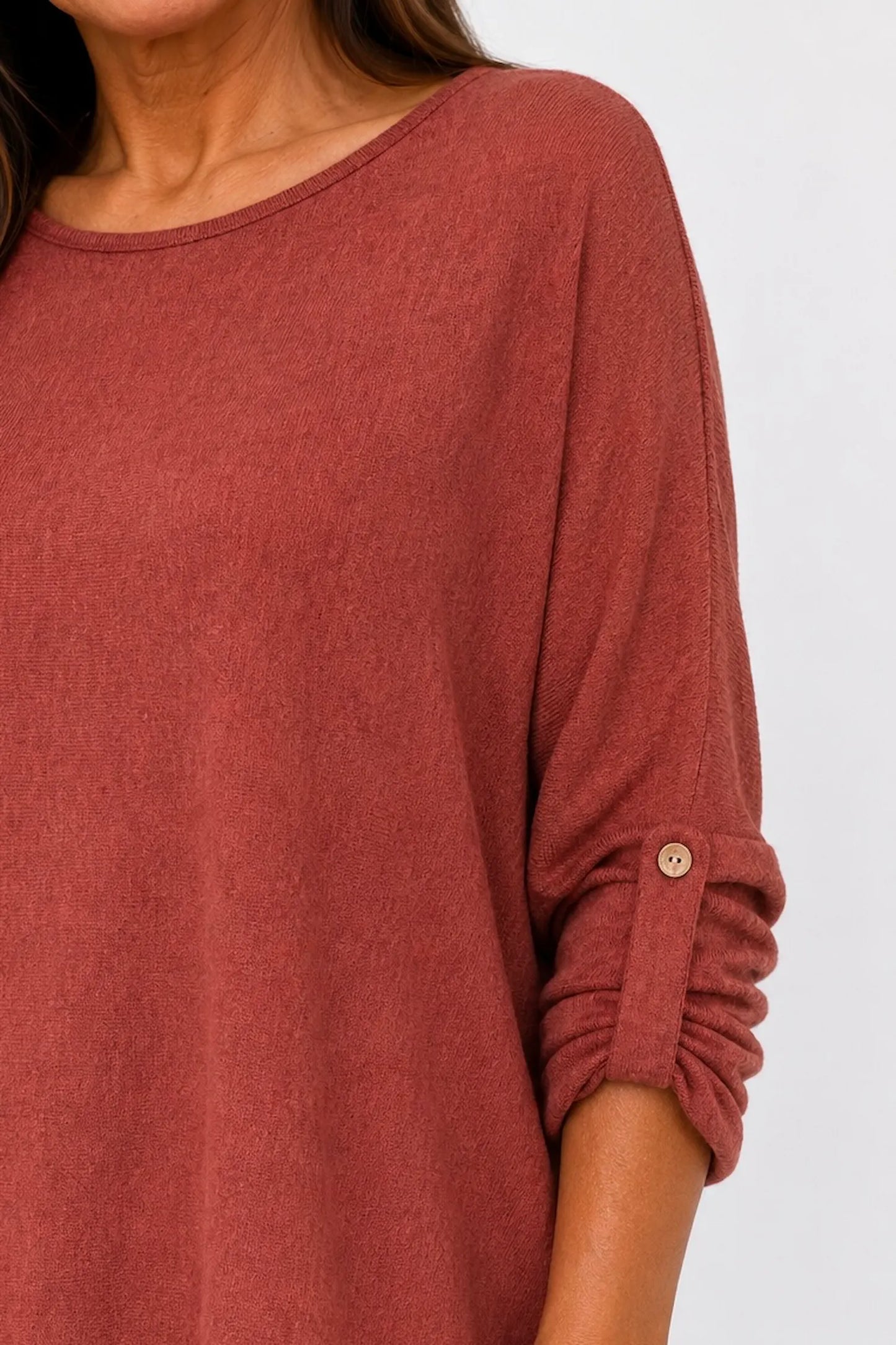 Fine Knit Button Sleeve Batwing Angelica Top - Spice Terracotta