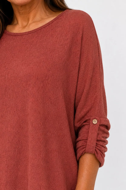 Fine Knit Button Sleeve Batwing Angelica Top - Spice Terracotta