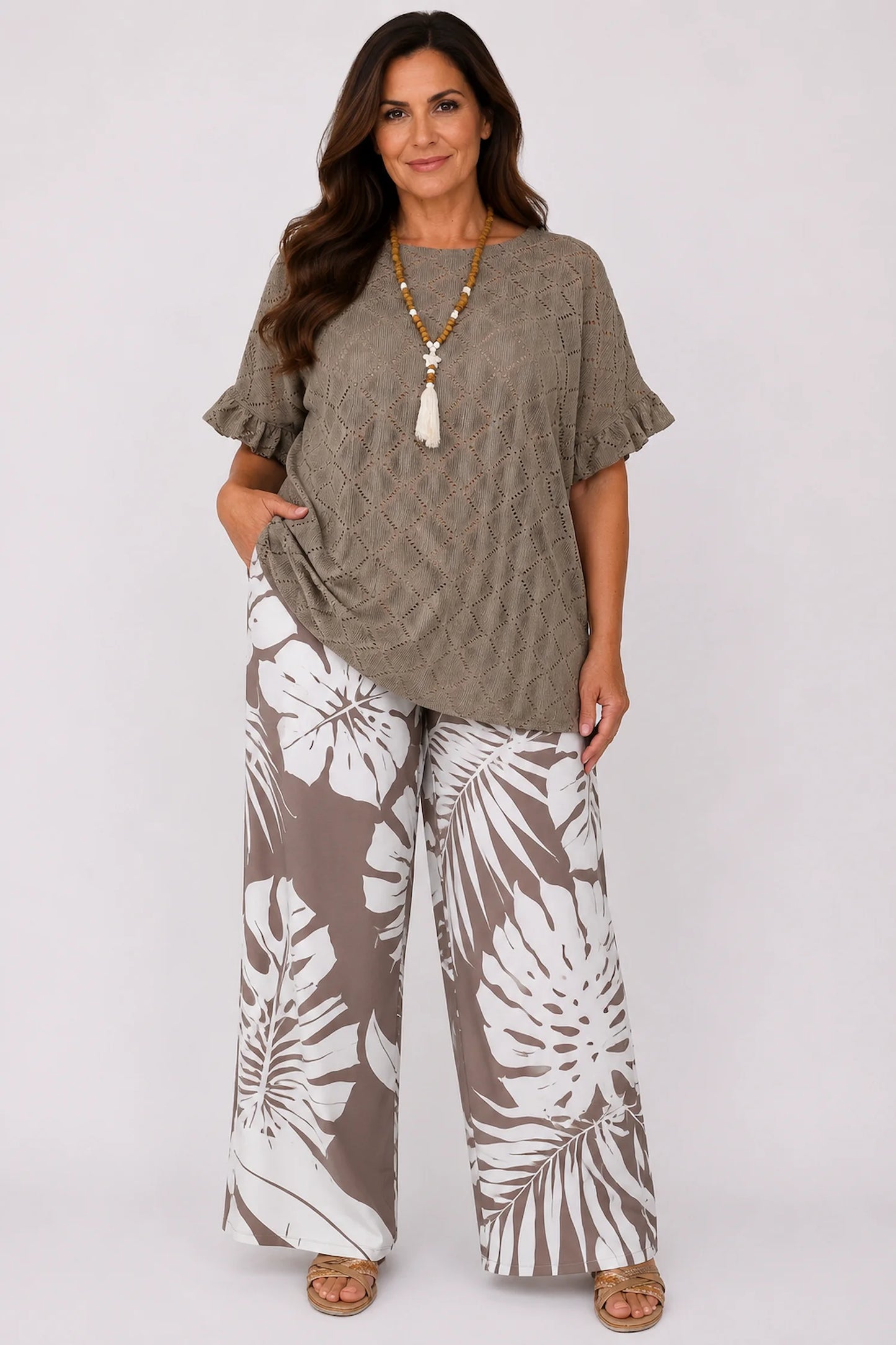 Tropical Print Polly Elasticated Waist Wide Leg Pants - Mocha