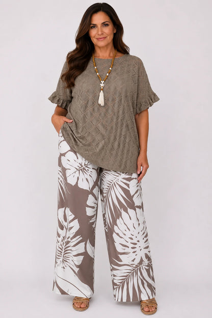 Tropical Print Polly Elasticated Waist Wide Leg Pants - Mocha