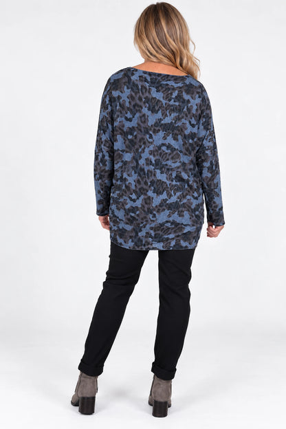 Fine Knit Kara Leopard Top - Midnight Blue