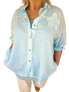 Pure Cotton Alessandra Flower Back Detail Button Sleeve Shirt - Baby Blue