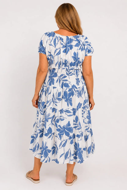 Button Detail Elasticated Waist Panel Floral Endless Summer Dress - Denim