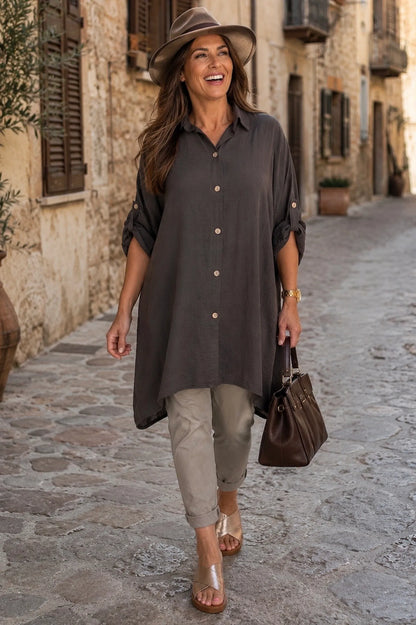 Button Sleeve Maxine Longline Button Shirt - Chocolate