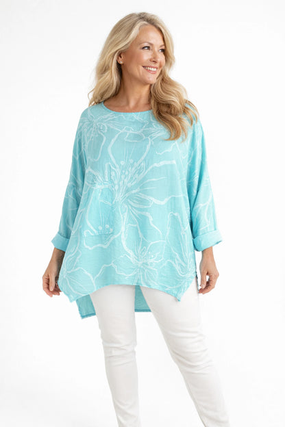 Eliza Pocket Detail Flower Top - Turquoise