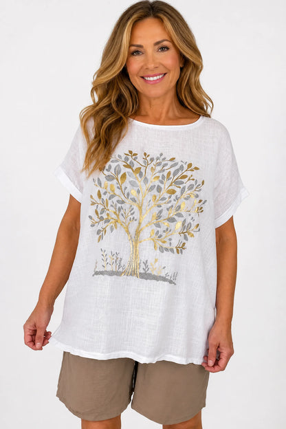 Linen Cotton Mix Diamanté Golden Leaf Carletta Top - White