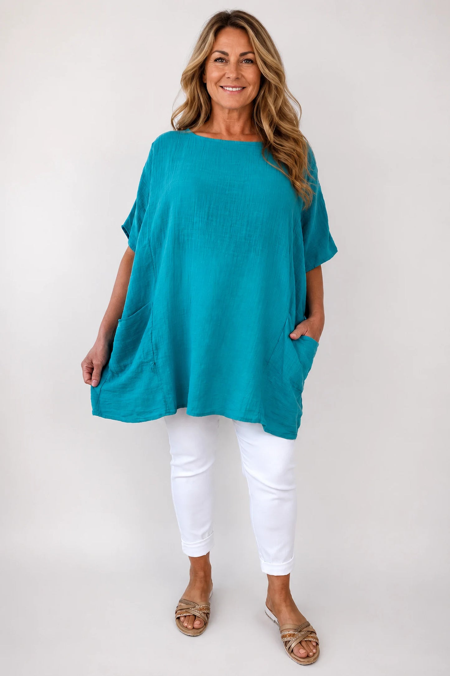 Pure Cotton Double Pocket Coté Tunic Top - Minted Teal
