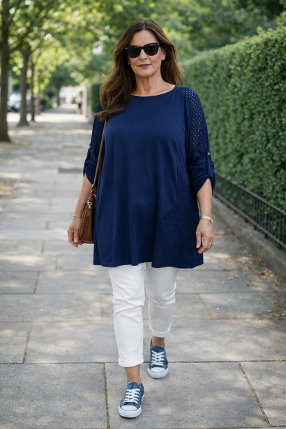 Cotton Crochet Detail Charmaine Button Sleeve Top - Navy