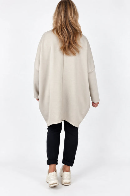 Zipped Hem Leopard Patch Badge Detail Double Pocket Varsia Top - Beige
