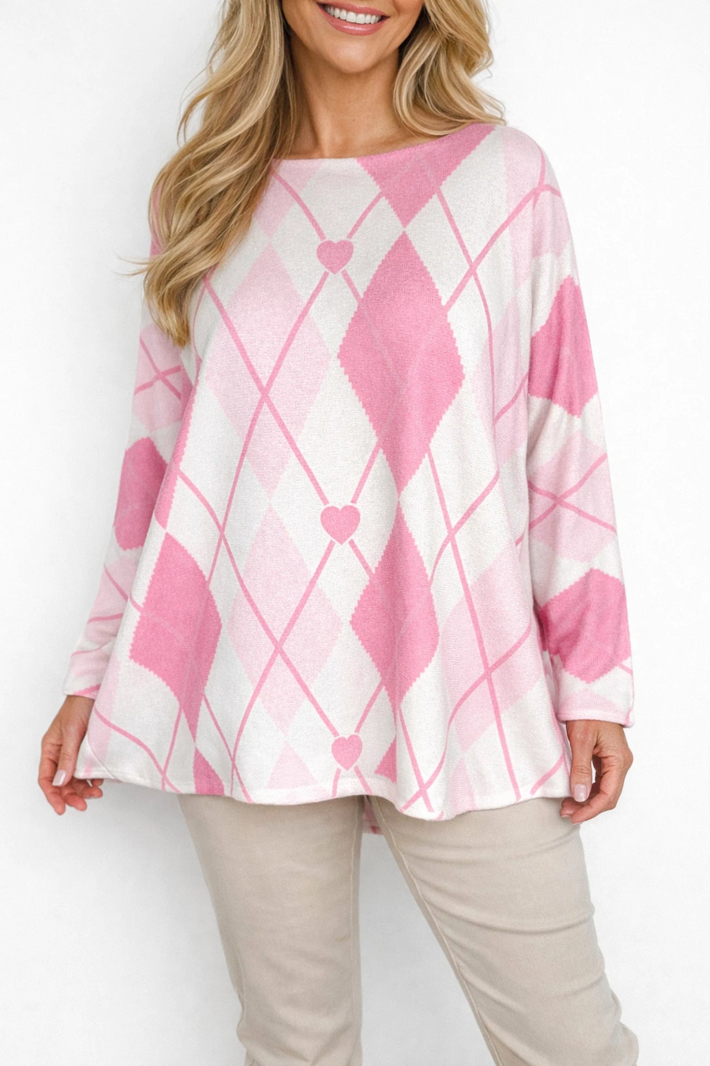 Premium Spring Knit Argyle Heart Florentina Seam Sleeve Top - Soft Rose Pink/Pale Pink