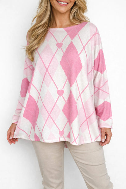 Premium Spring Knit Argyle Heart Florentina Seam Sleeve Top - Soft Rose Pink/Pale Pink