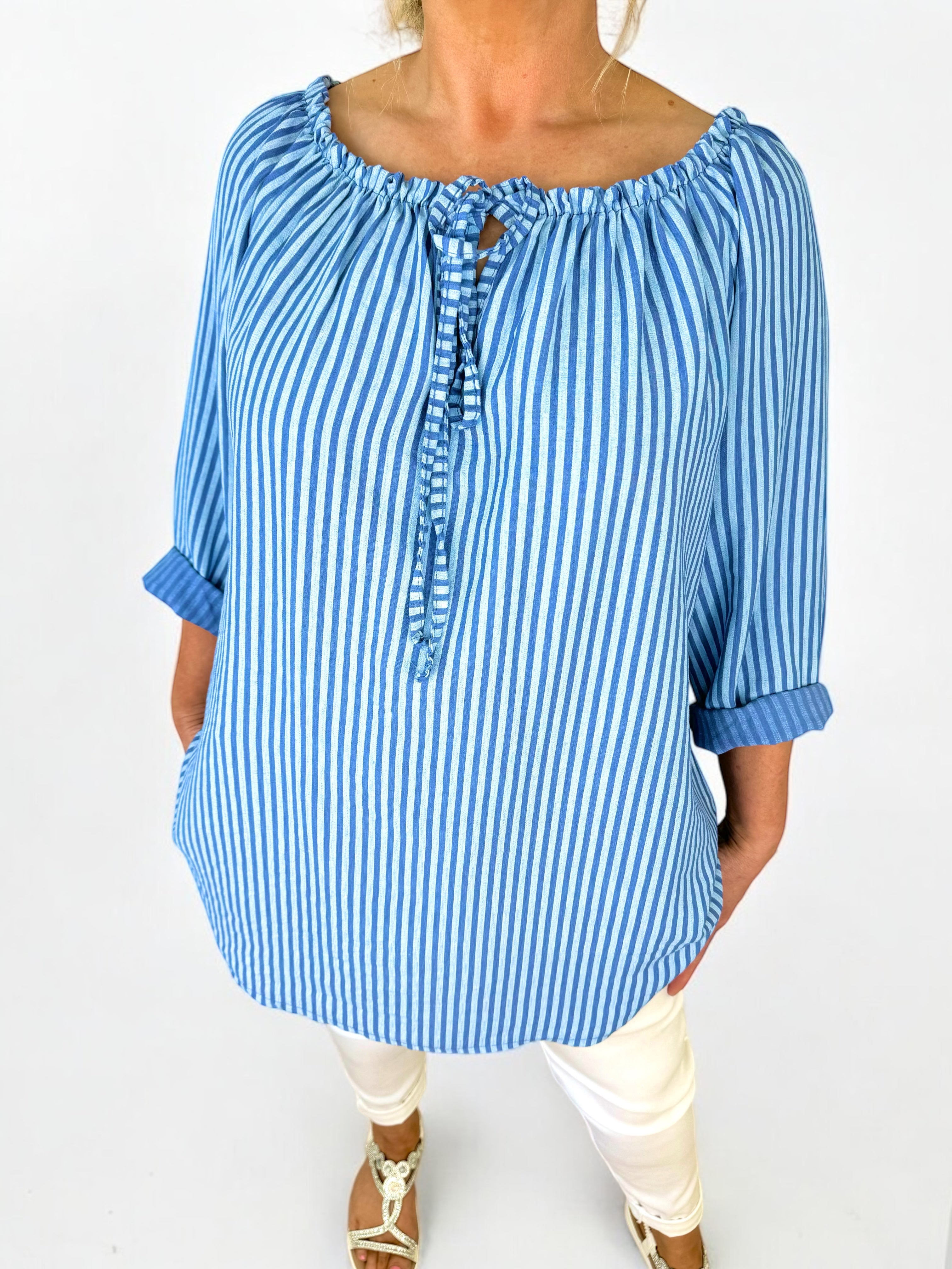 Tied Detail Stripe Valencia Top - Denim