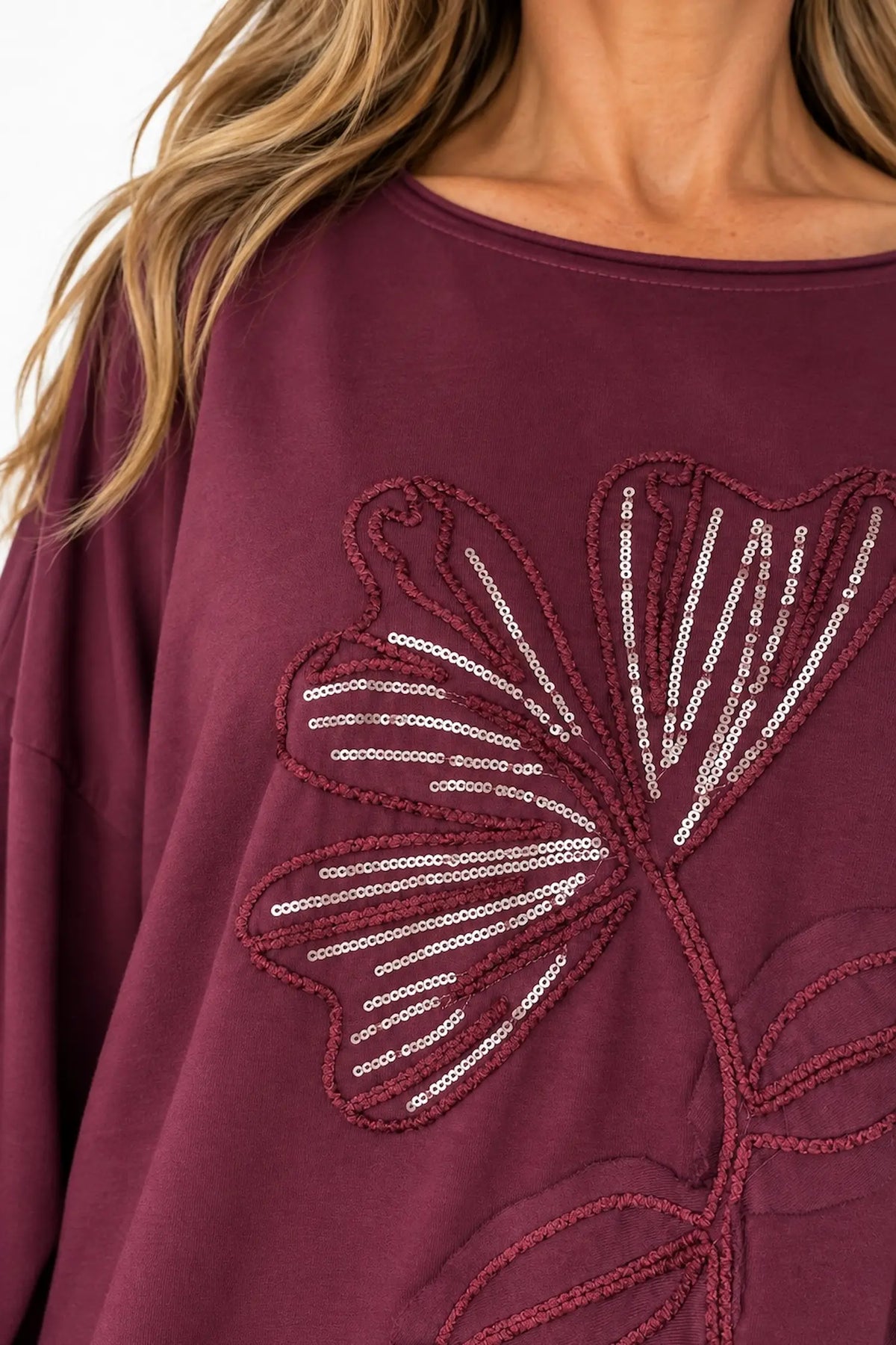 Cotton Embroidered Gold Sequin Floral Manica Tied Hem Top - Wine