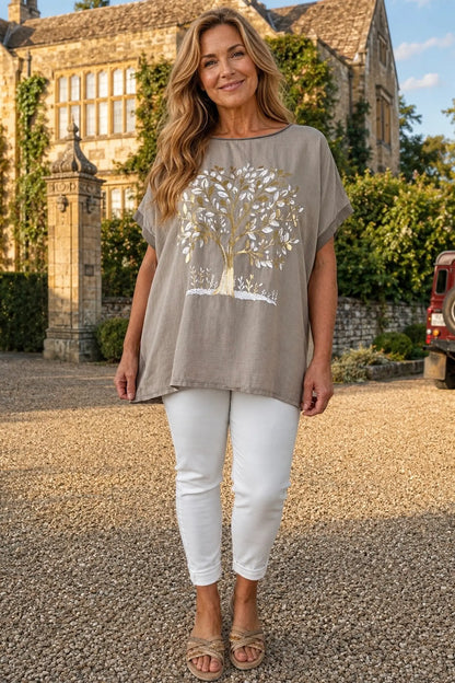 Linen Cotton Mix Diamanté Golden Leaf Carletta Top - Mocha