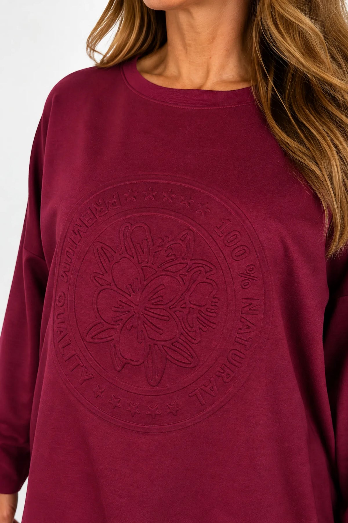 Embossed Clover Drawstring Hem Ambriella Top - Italia Wine