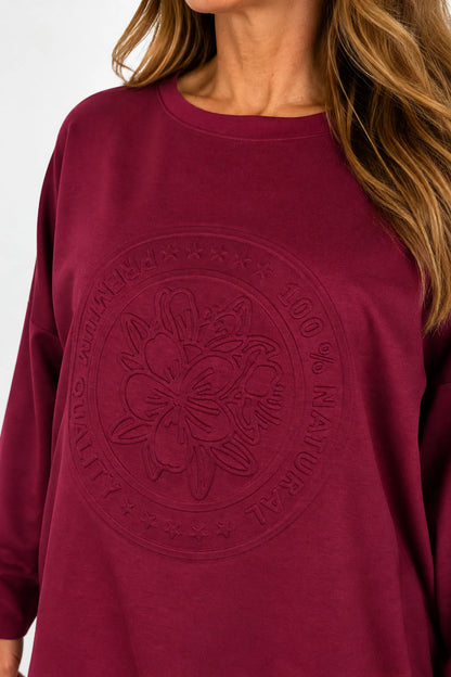 Embossed Clover Drawstring Hem Ambriella Top - Italia Wine
