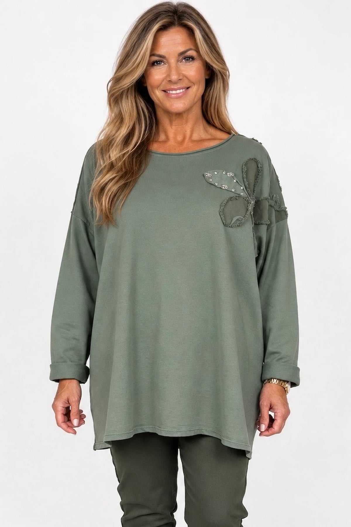 Cotton Emalise Frayed Edge Floral Top - Khaki