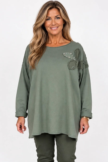 Cotton Emalise Frayed Edge Floral Top - Khaki