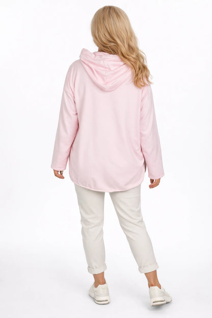 Cotton Embroidery Anglaise Drawstring Hem Double Pocket Lorenza Zipped Hoodie - Baby Pink