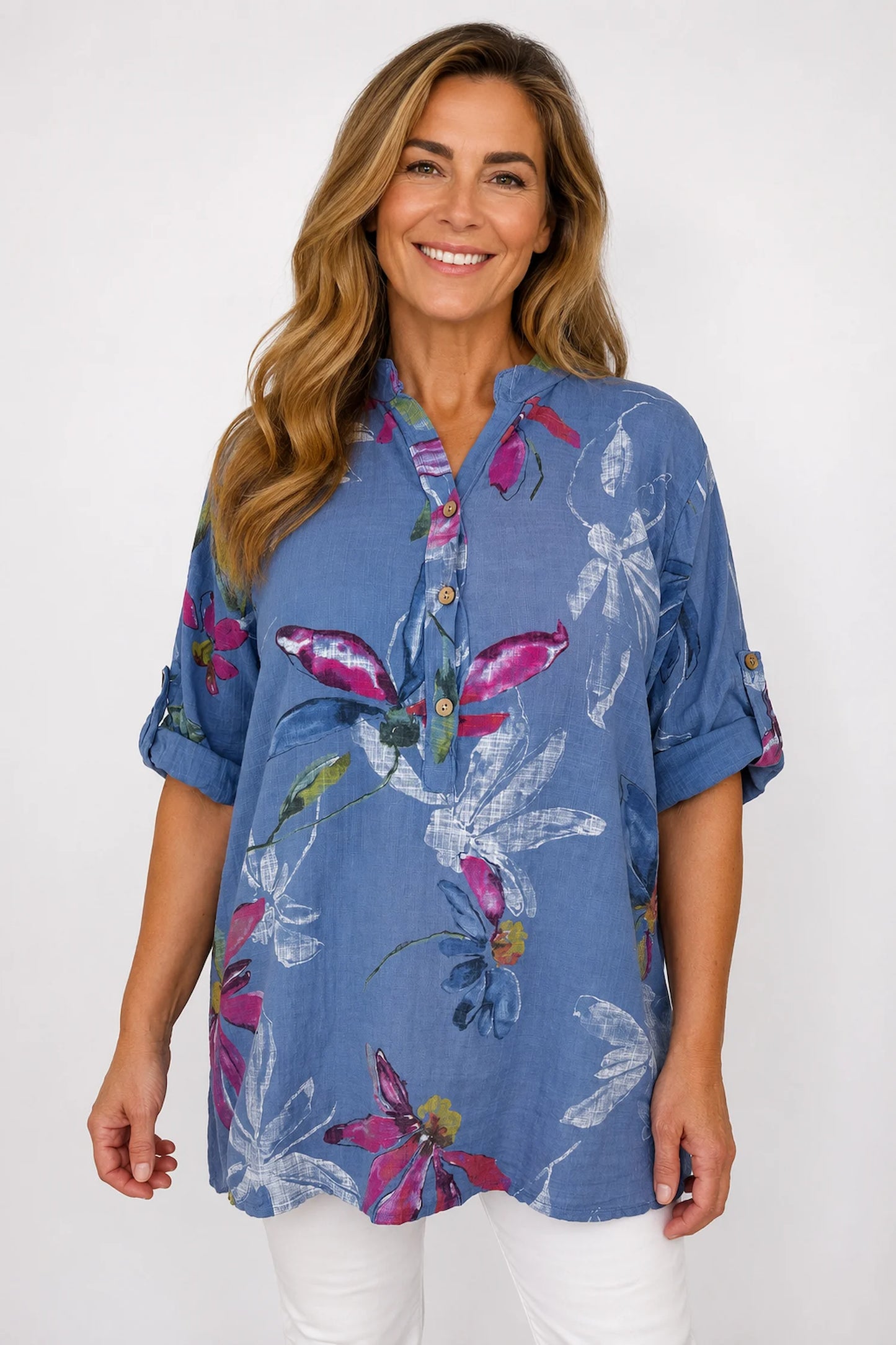 Pure Cotton Button Sleeve Alice Shirt - Denim