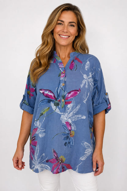 Pure Cotton Button Sleeve Alice Shirt - Denim