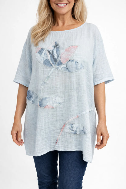 Pure Cotton Embroidered Floral Juliette Top - Baby Blue