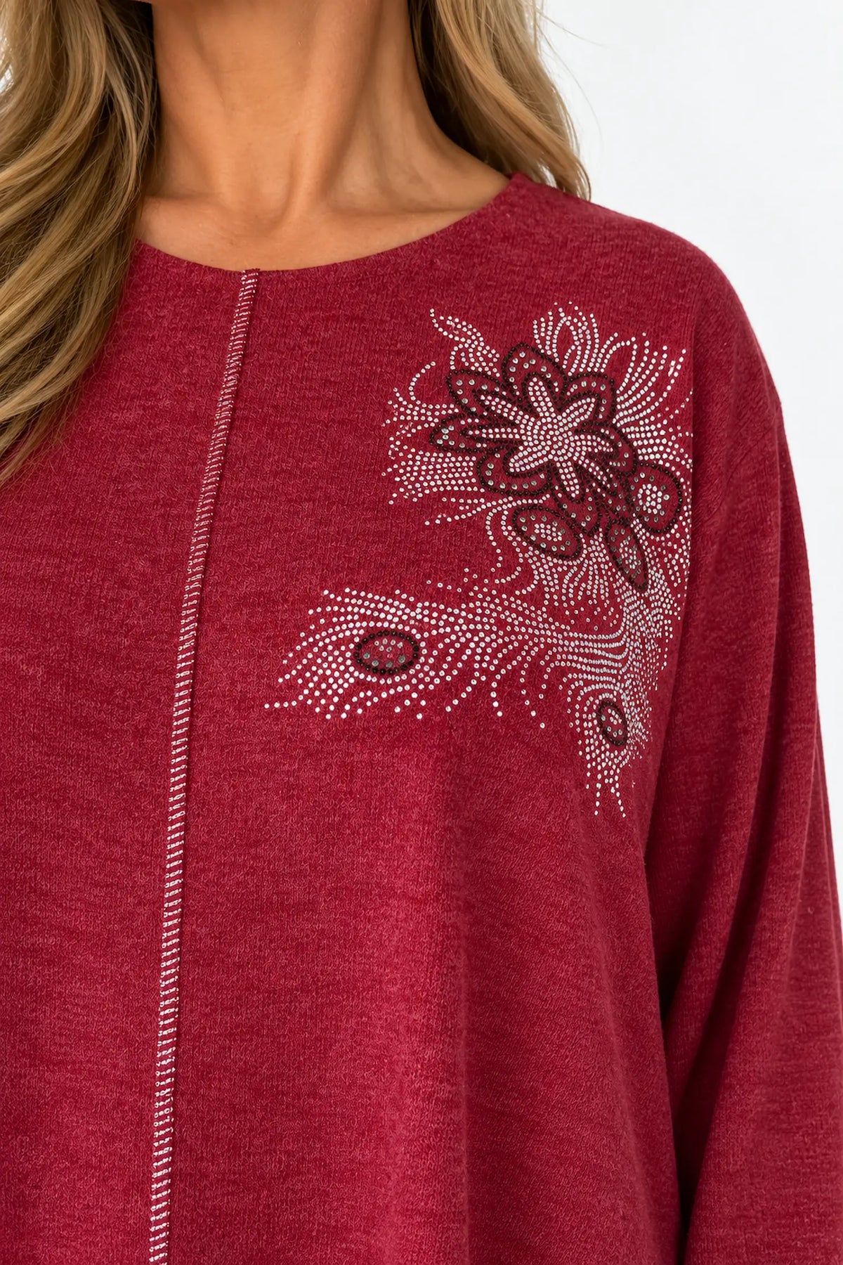 Wool Mix Diamanté Silver Stitch Ciana Top - Rich Red