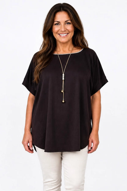 Fine Ribbed Gold Trim Sophia Necklace Top - Chocolate