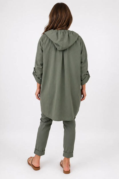 Cotton Double Flap Pocket Button Sleeve Izzy Hooded Overshirt - Khaki