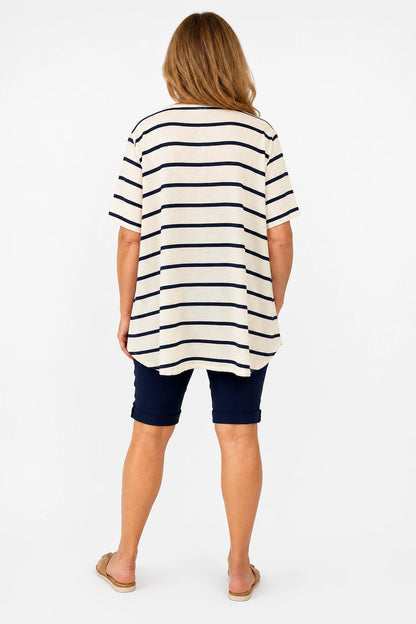 Linen Mix Cindy Stripe Top - Navy