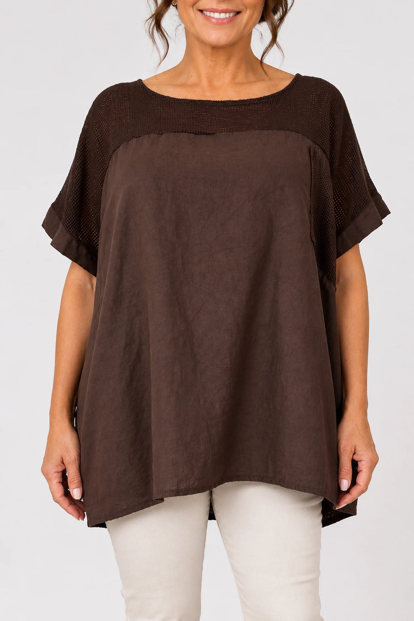 Linen Cotton Mix Mesh Detail Amalfi Pocket Top - Chocolate