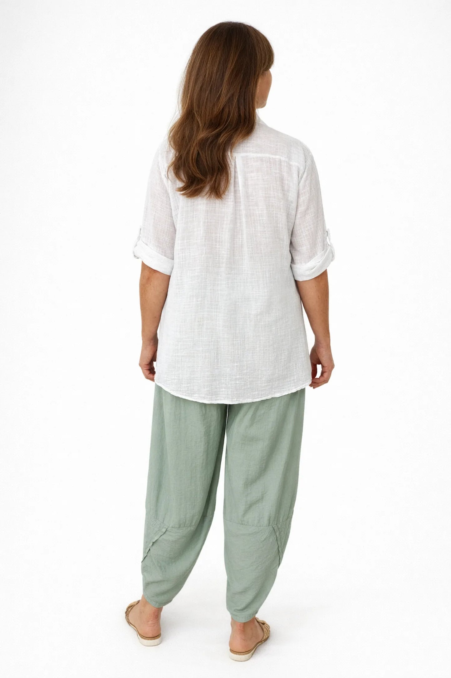 Linen Look Pure Cotton Button Sleeve Diana Button Shirt - White