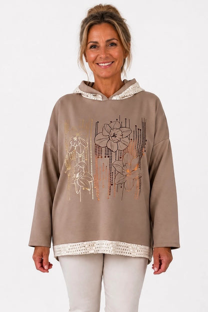 Crochet Hood/Hem Golden Flower Maxine Hoodie - Mocha