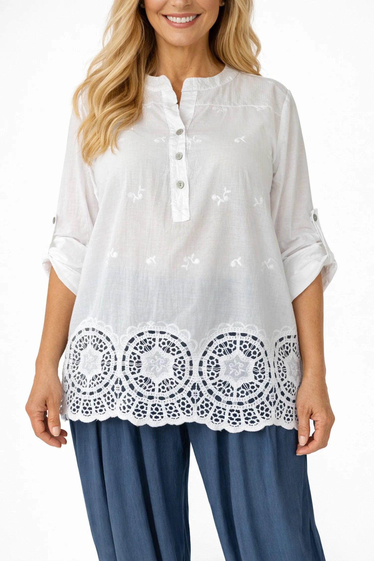Pure Cotton Sequin Shoulder Embroidery Anglaise Button Sleeve Côte Doré Shirt - White