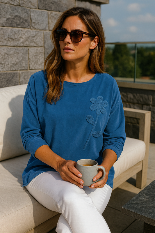 Pure Cotton Needlecord Flower Stitch Arabella Top - Denim