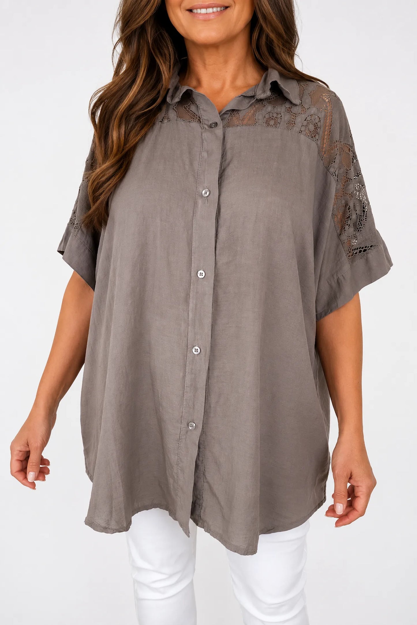Lace Crochet Shoulder Alexandra Button Shirt - Mocha