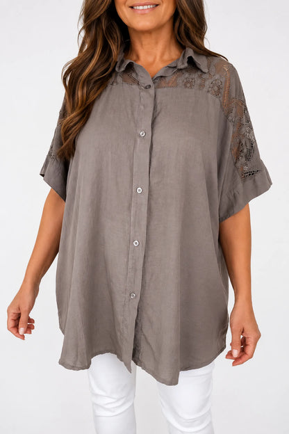 Lace Crochet Shoulder Alexandra Button Shirt - Mocha