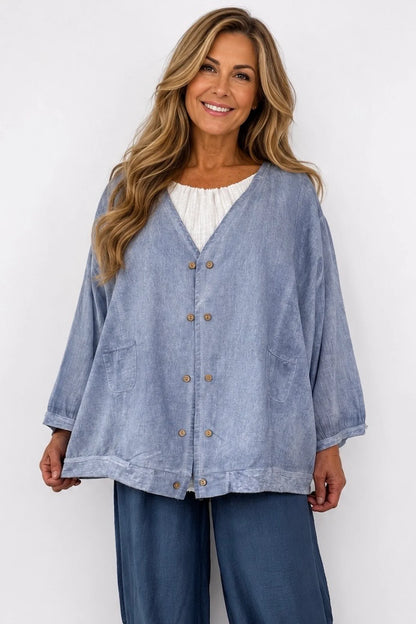 Pure Cotton Double Pocket Lara Button Jacket - Washed Denim
