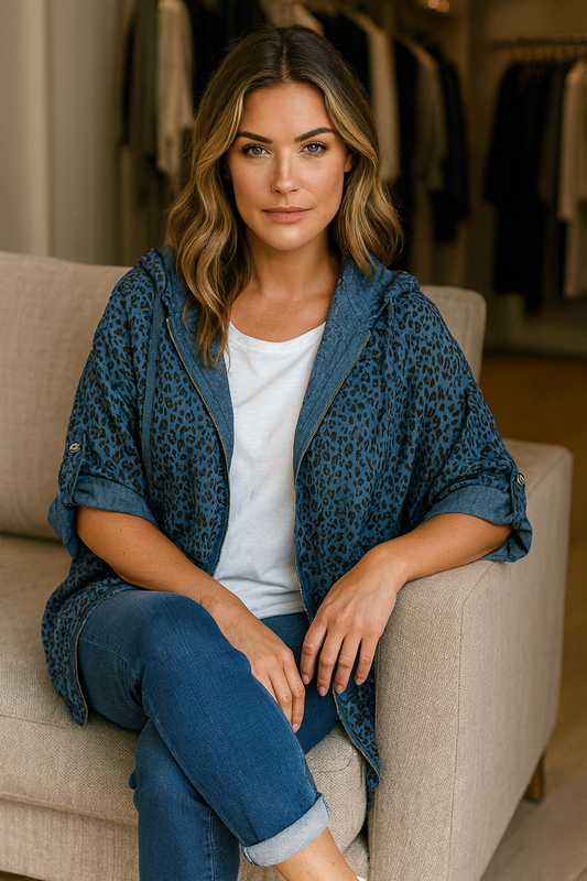 Light Weight Premium Stitch Zipped Button Sleeve Amari Leopard Print Jacket - Denim