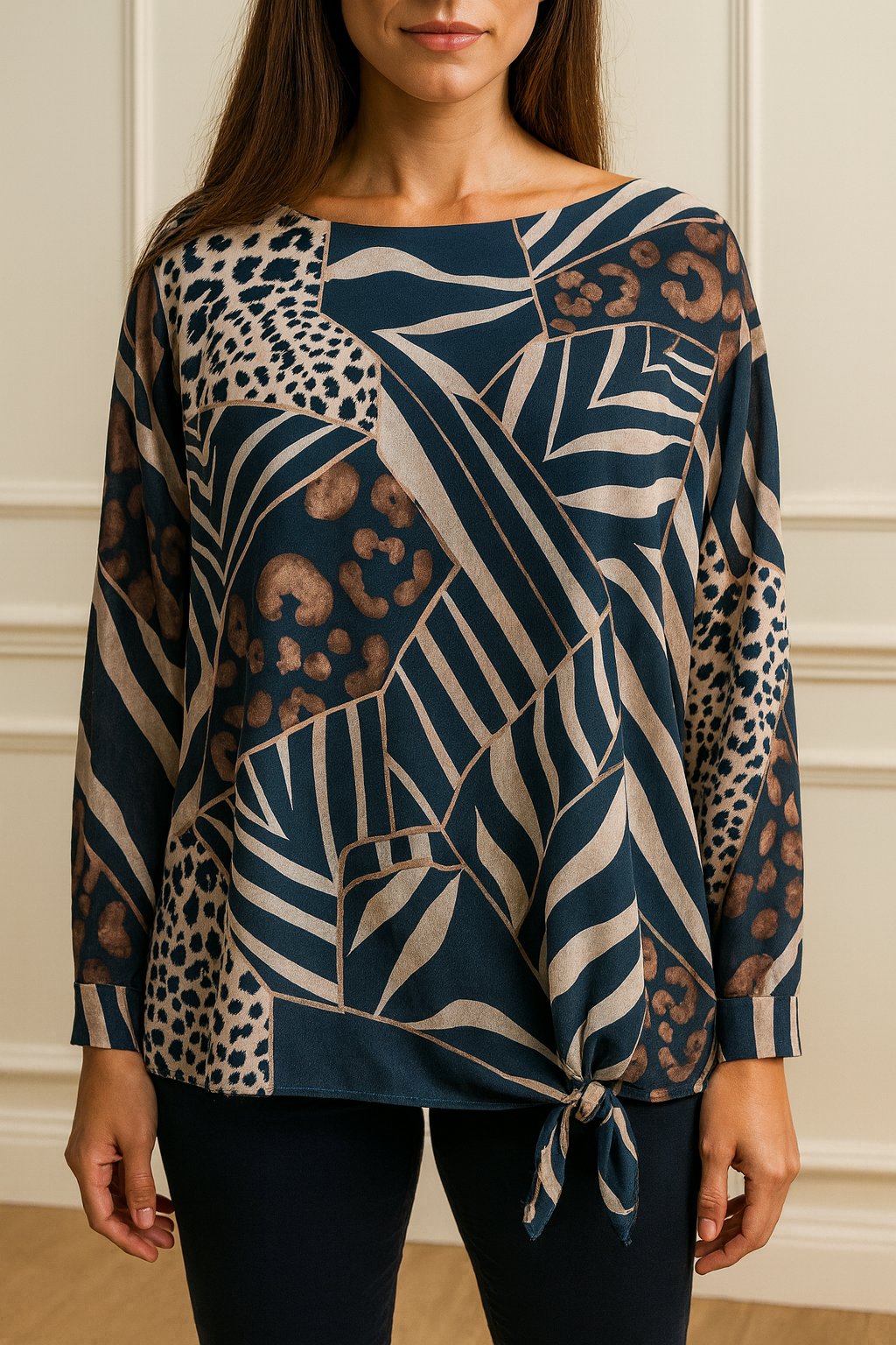 Fully Lined Tied Hem Detail Saris Chiffon Top - Navy