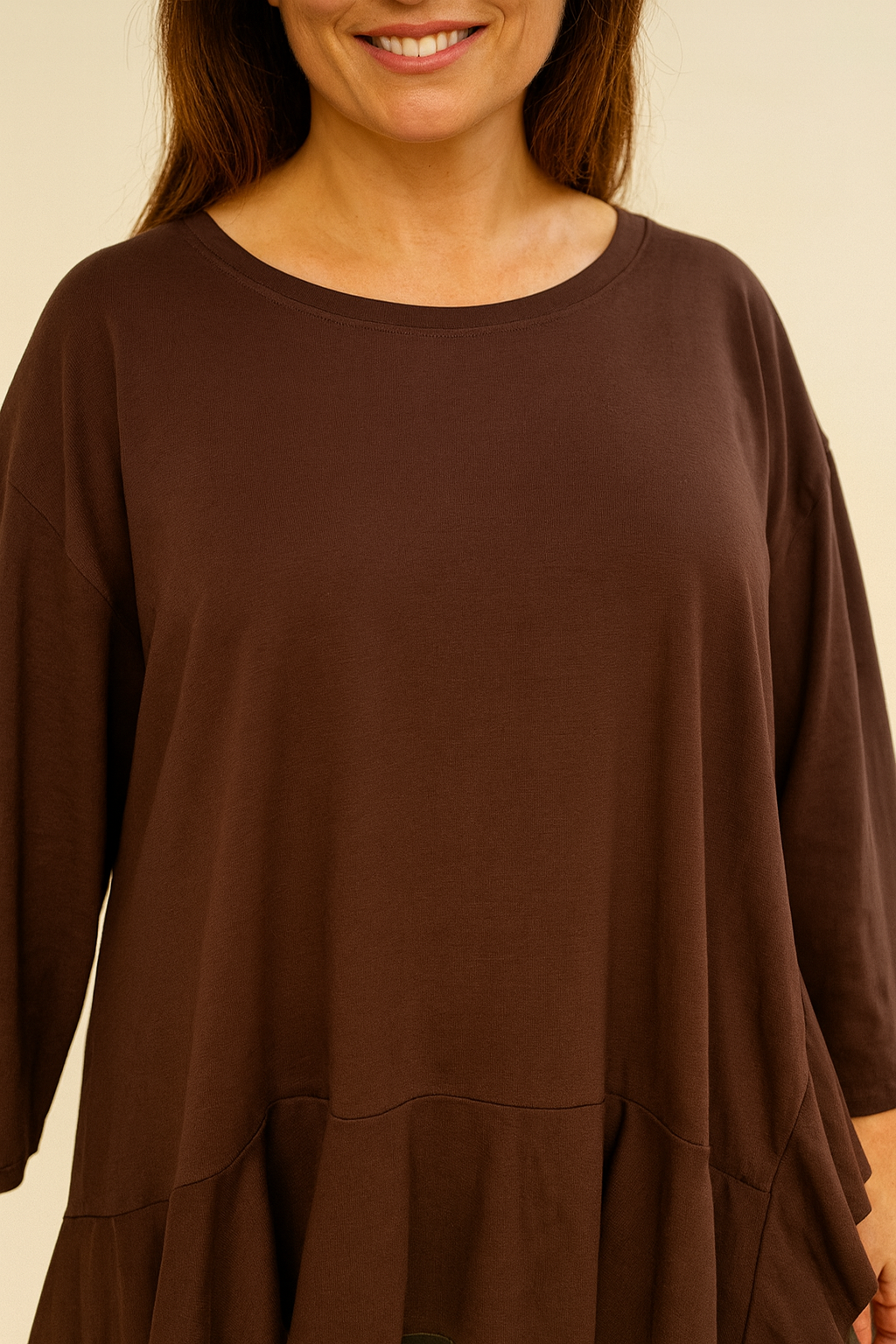 Cotton Raw Edge Frill Hem Veronica Top - Chocolate