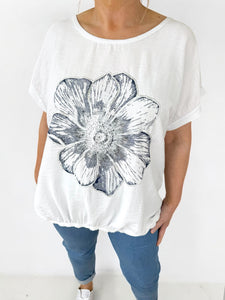 Cotton Metallic Flower Italia Top - White