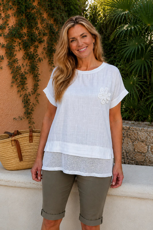 Linen Cotton Mix Mesh Hem Embroidered Flower Tiffany Top - White