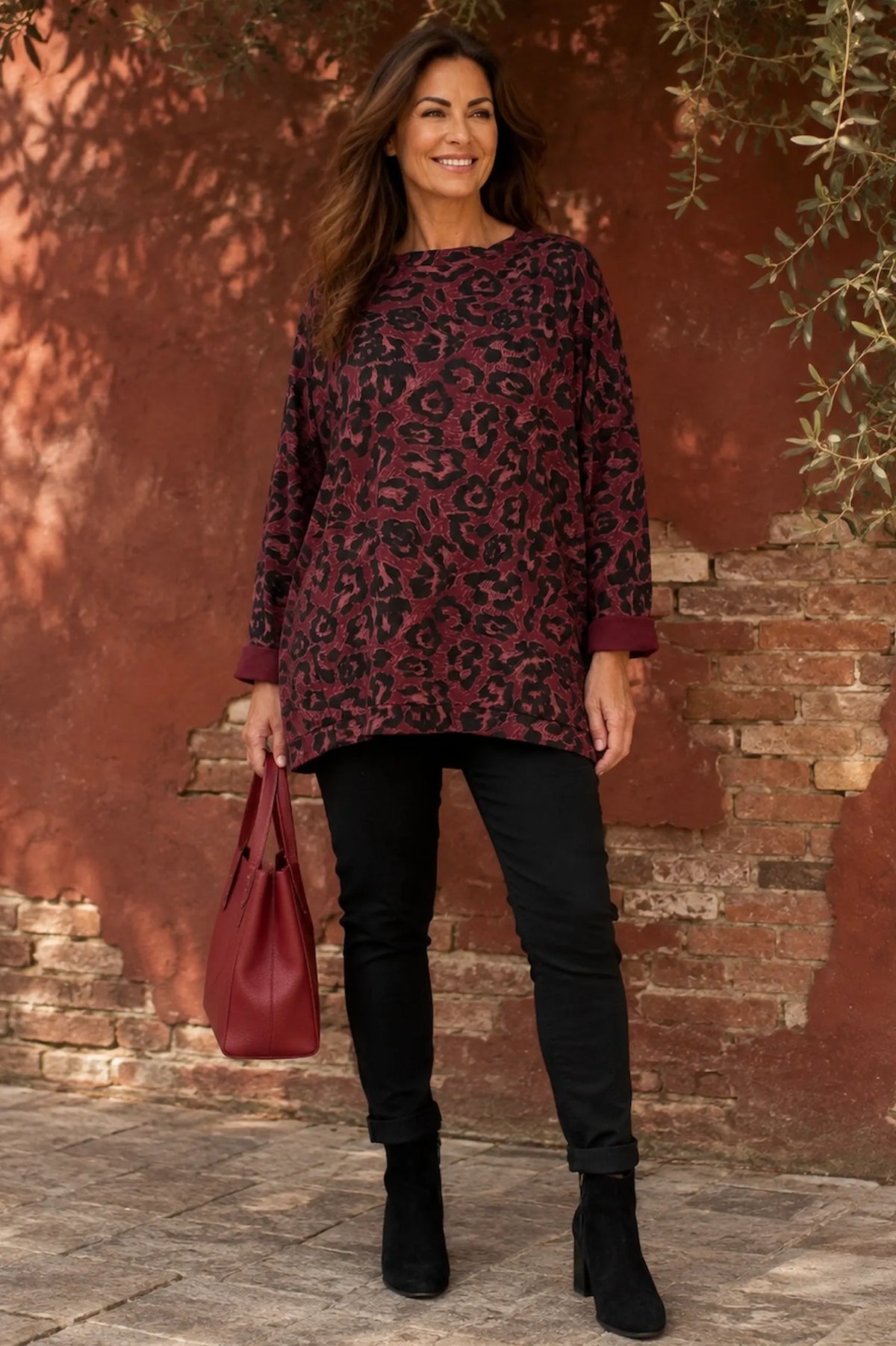 Pure Cotton Divera Leopard Top - Wine